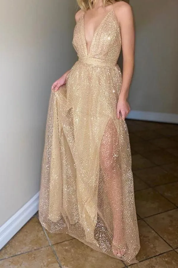 A Line V Neck Light Champagne Lace Prom Dresses, Formal Graduation Dresses TP1101