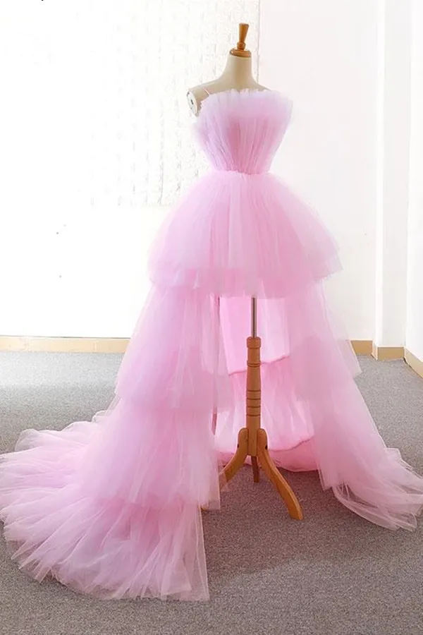 Anneprom A-line Pink High Low Prom Dress Tulle Formal Dresses Evening Gowns APW0324