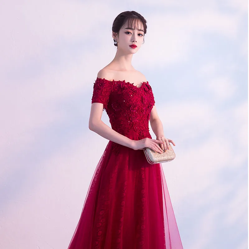 Beautiful Wine Red Lace Off Shoulder Party Dress, Burgundy Prom Dress