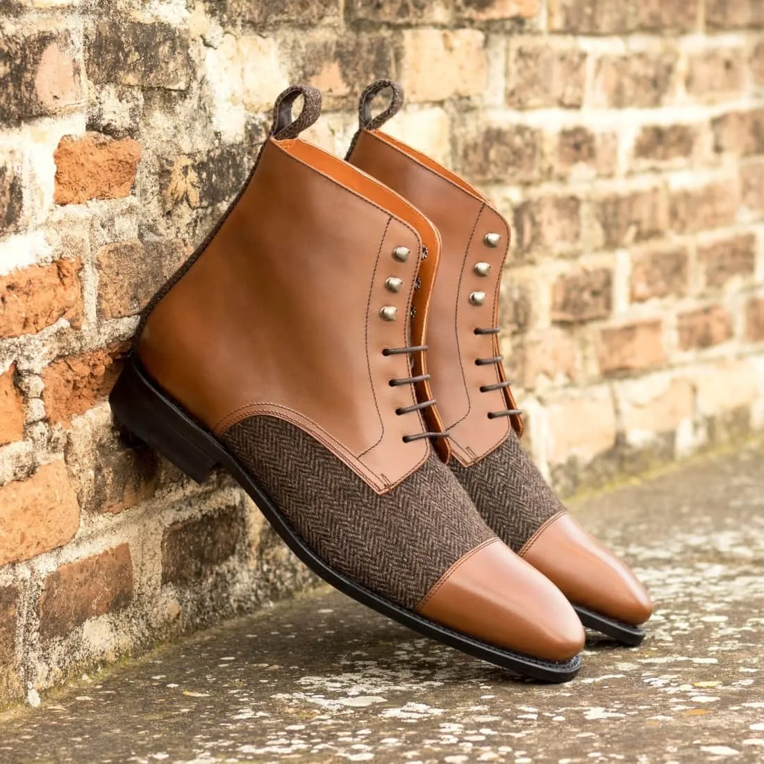 Bottines Bout Droit en cuir marron clair et flanelle marron